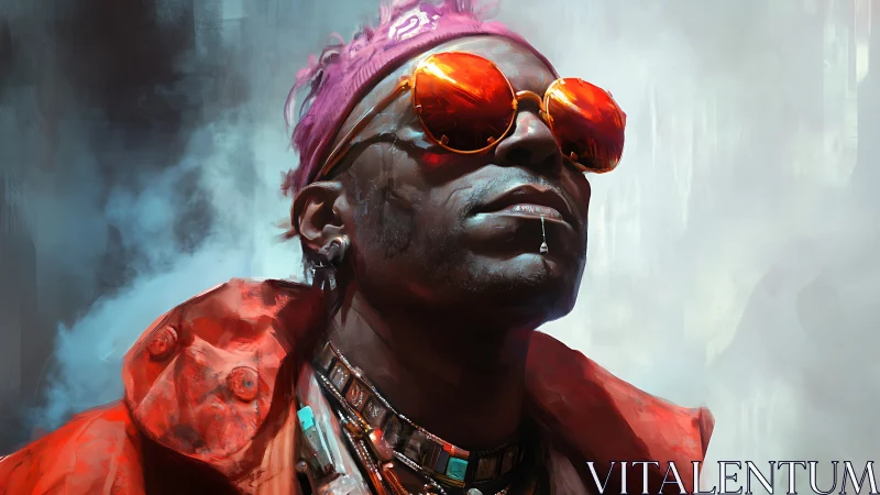 Cyberpunk portrait with neon glasses and red streetwear.