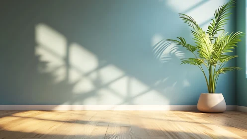 Sunlit palm rests in tranquil corner of airy pastel room.