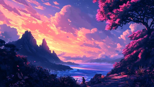 Luminous coastal sunset over stylized mountains and cove.