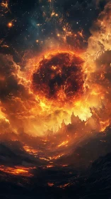 Apocalyptic molten planet rises above a burning infernal landscape