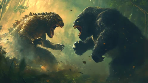Colossal reptilian beast and giant bear clash in forest storm