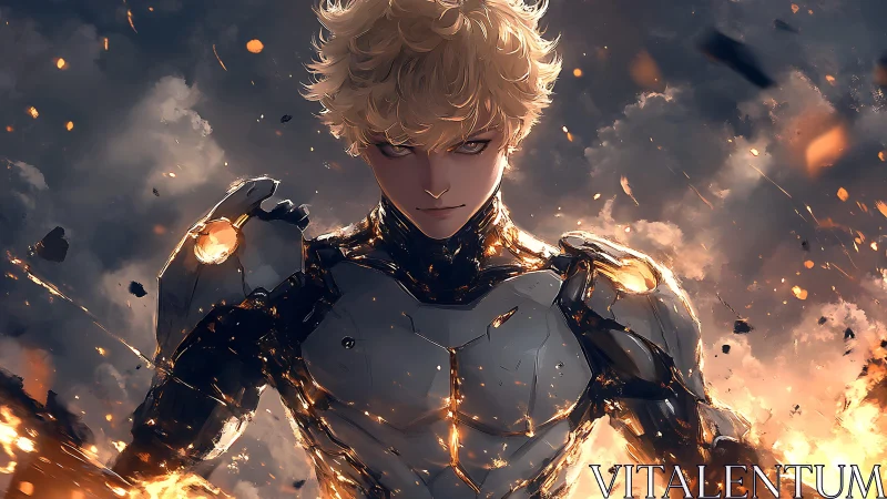 Armored blond figure stands amid sparks and dense smoke