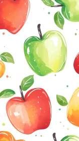 Watercolor apples pattern with multicolored fruit elements.