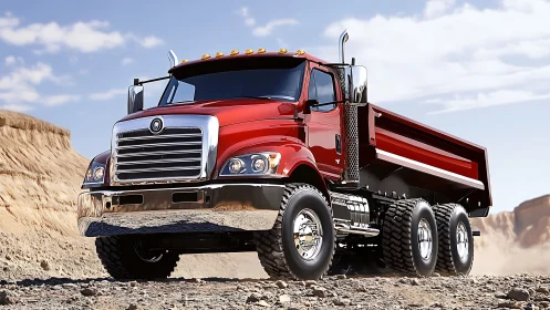 Bold red dump truck owning the sunlit desert worksite.
