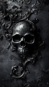 Embossed black skull merges with baroque floral relief on stone