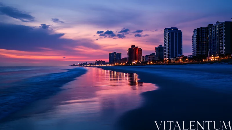 Seaside skyline drinks twilight silk in neon sunset glow.