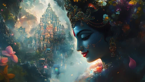 Mythic blue deity portrait with luminous temple complex backdrop.