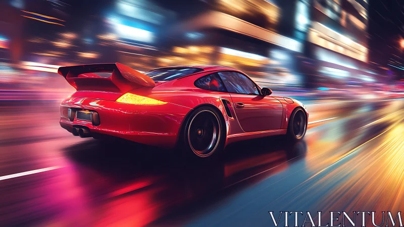 Scarlet sports coupe racing through neon city streets at night.