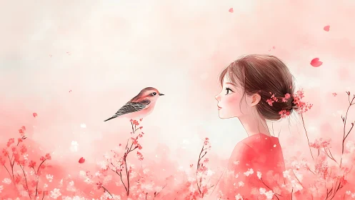 Gentle girl and songbird sharing a soft pink daydream.