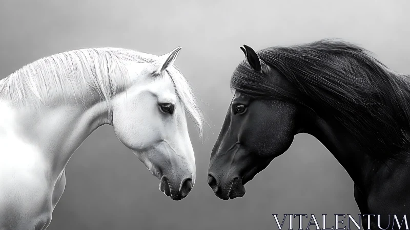 Gentle black and white horses sharing a quiet, tender moment.