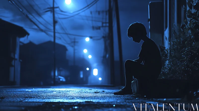 Silhouetted child on empty blue street at nightfall.