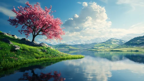 Landscape depicts lake, flowering tree, hills and distant peaks