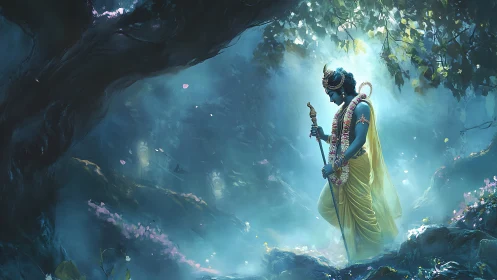 Blue-skinned robed figure in luminous forest clearing.