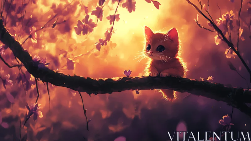 Luminous Kitten Perched Among Autumn Blossoms at Sunset.