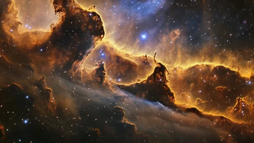 Stellar nebula cliffs glow with radiant cosmic firelight.