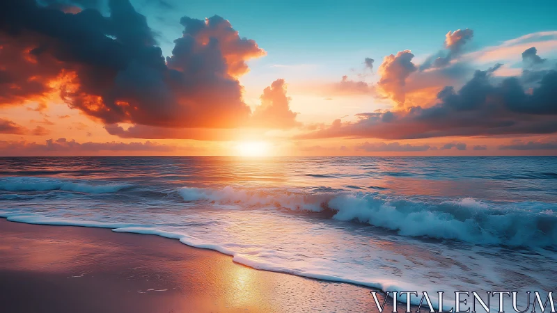 Radiant ocean sunrise ignites clouds above rolling waves.