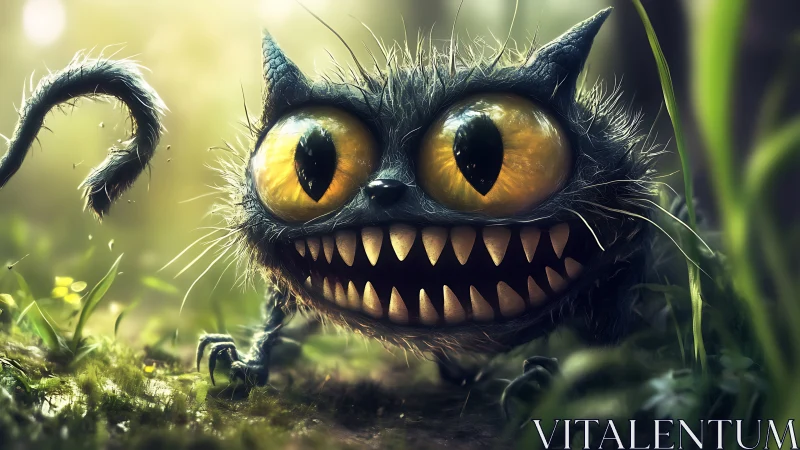 Mutant forest cat bares razor grin under golden light.