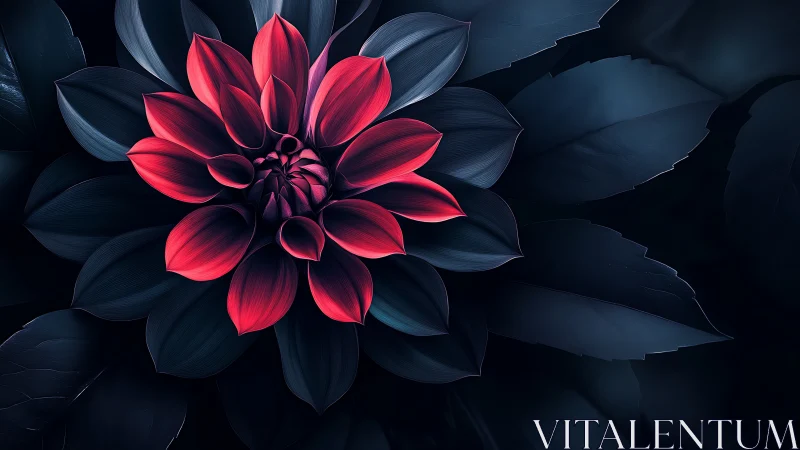 Volumetric Rendered Dahlia with Neon Red Petals Against Deep Cyan Foliage