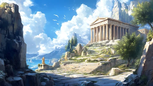 Sunlit classical Greek temple on coastal marble cliffs