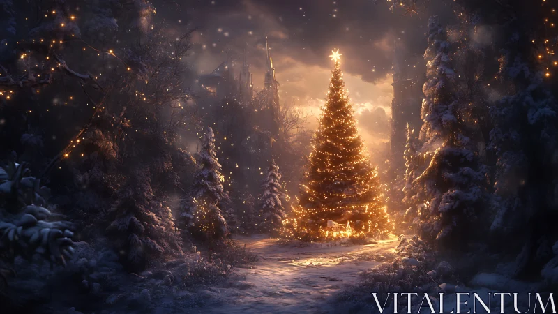 Glowing Christmas tree warms a snowy forest path at dusk