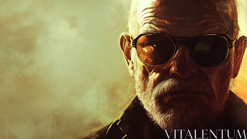 Weathered man in sunglasses framed by warm evening light.