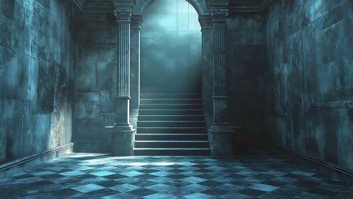 Moody stone staircase ascends toward a cold spectral light