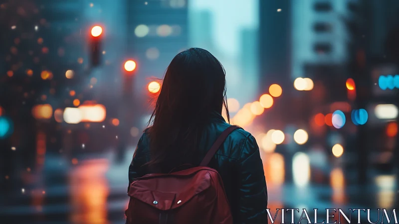 Person with red backpack on blurred wet city street at dusk.