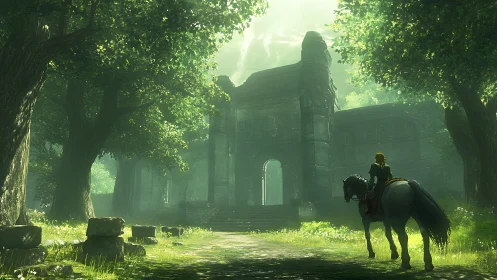 Rider on horseback approaches ancient stone ruins in forest.