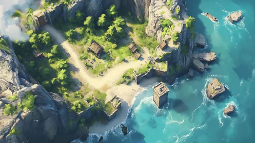 Coastal Settlement in Turquoise Bay with Rocky Cliffs.