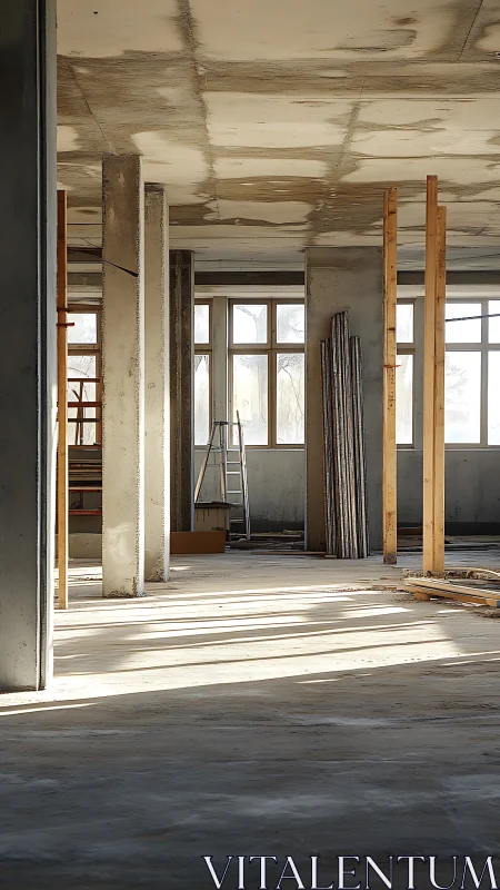 Unfinished interior structure with columns and window openings.