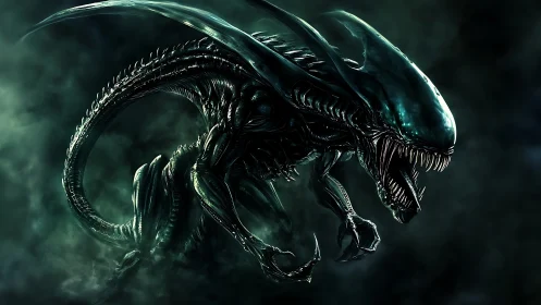 Alien predator lunges through dark toxic mist in attack pose.
