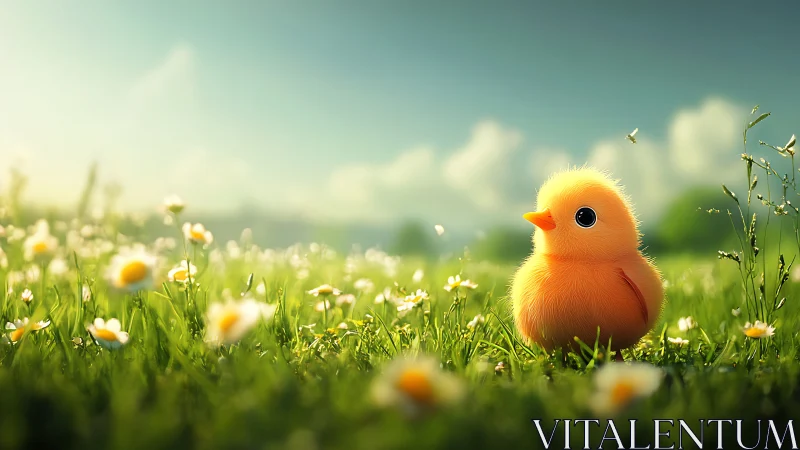 Digital painting of fluffy chick in sunlit meadow fieldscape.
