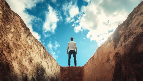 Backlit human silhouette atop excavated earthen trench rim.