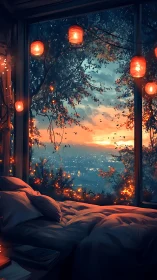 Lanternlit window haven over a glittering twilight cityscape.