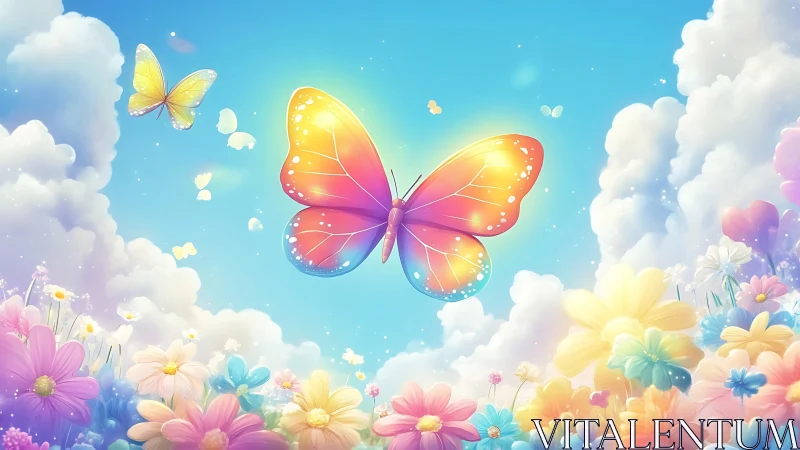 Radiant gradient butterfly soars above pastel floral meadow