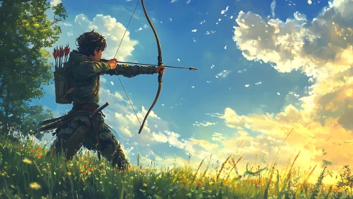 Young archer aims across sunlit meadow under dynamic sky