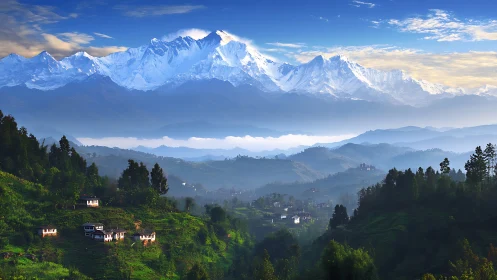 Mountain valley landscape with snow peaks and villages.