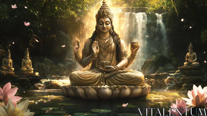 Golden lotus deity meditating beside a cascading forest veil.