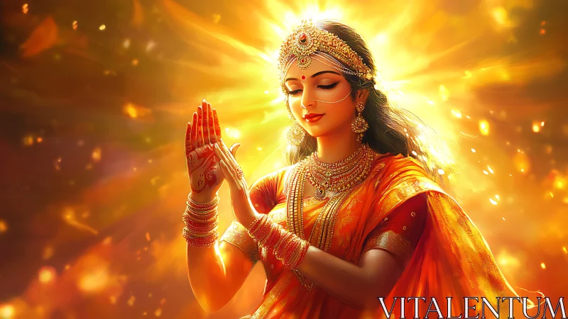 Divine woman in golden aura with intricate ethnic adornments.