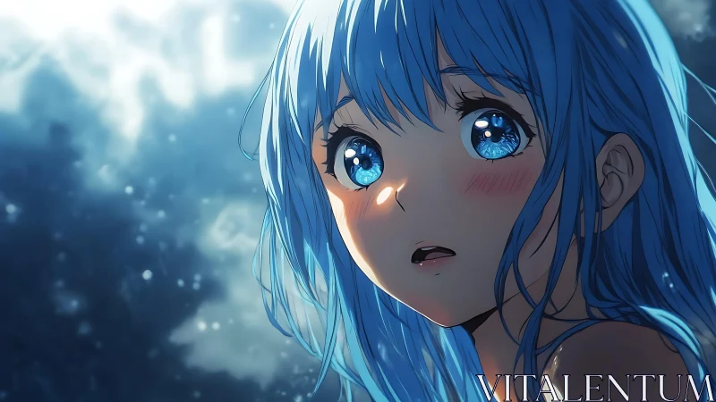 Blue haired anime girl with illuminated eyes at night.