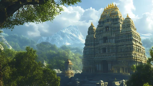 Sunlit mountain temple rising from emerald jungle hush.