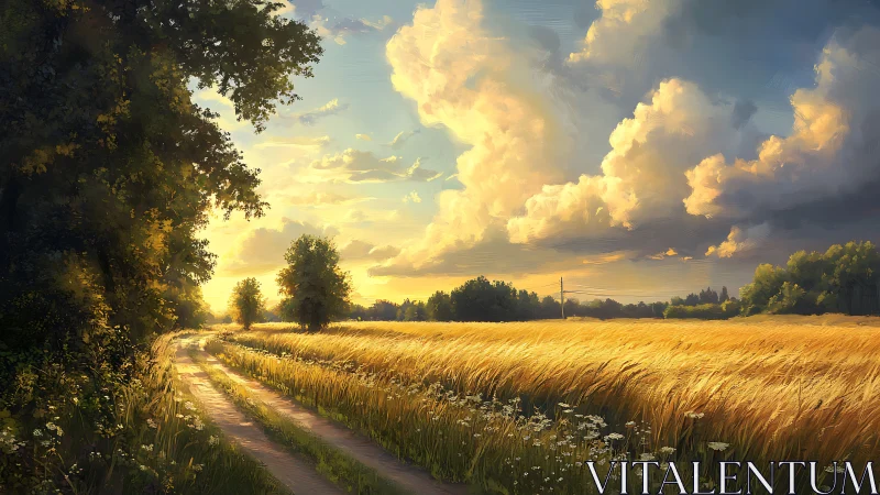 Golden country road glows beneath a vast summer evening sky