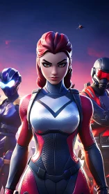 Armored red haired heroine leading futuristic squad.