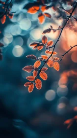 Backlit orange leaves against teal bokeh in shallow depth of field