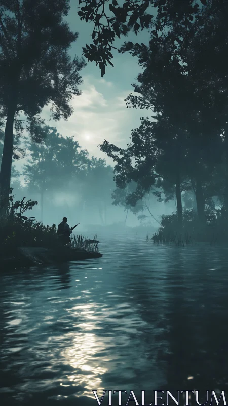 Soft dawn mist wraps a quiet river and lone fisherman