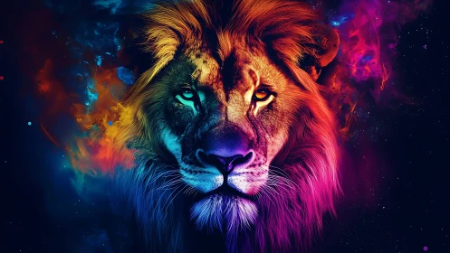 Cosmic lion portrait glowing in swirling neon starlight.