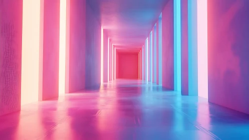 Neon-lit symmetrical corridor with magenta cyan volumetric glow