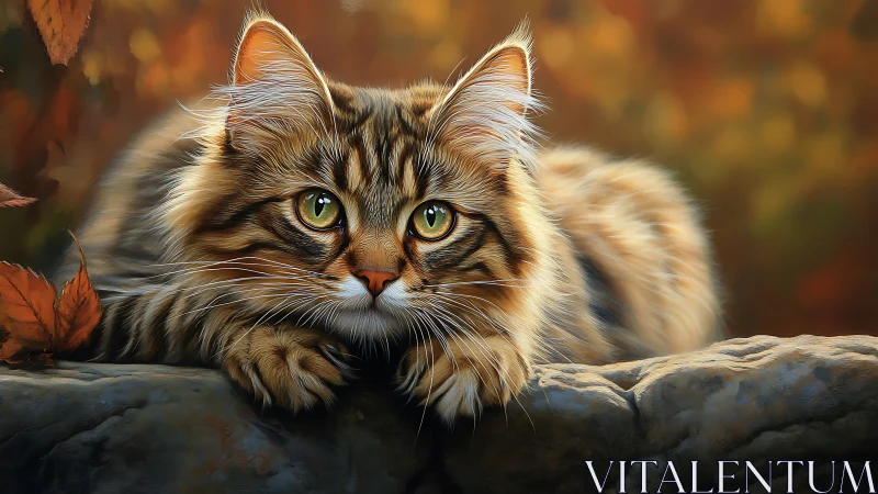 Striking Tabby Cat with Green Eyes Against Autumnal Backdrop
