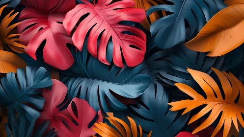 Tropical monstera leaves glow in bold duotone palette.