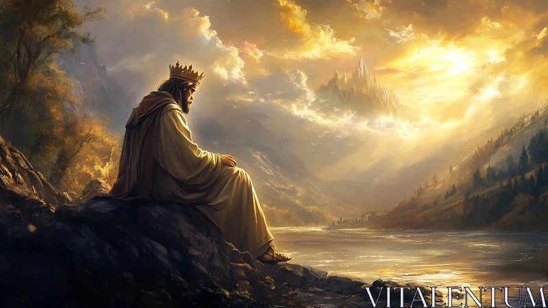 Crowned figure sits by river facing distant luminous citadel